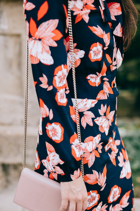 Amy Havins of Dallas Wardrobe wears a floral print Shoshanna dress.