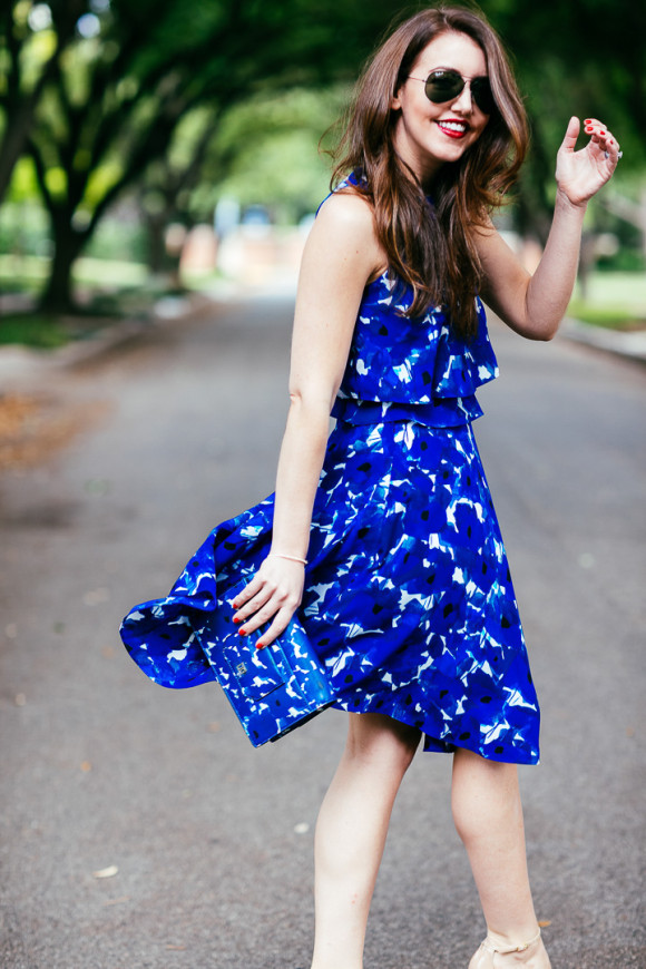 Dallas Blogger, Amy Havins, wears a blue floral print Ivanka trump a ...