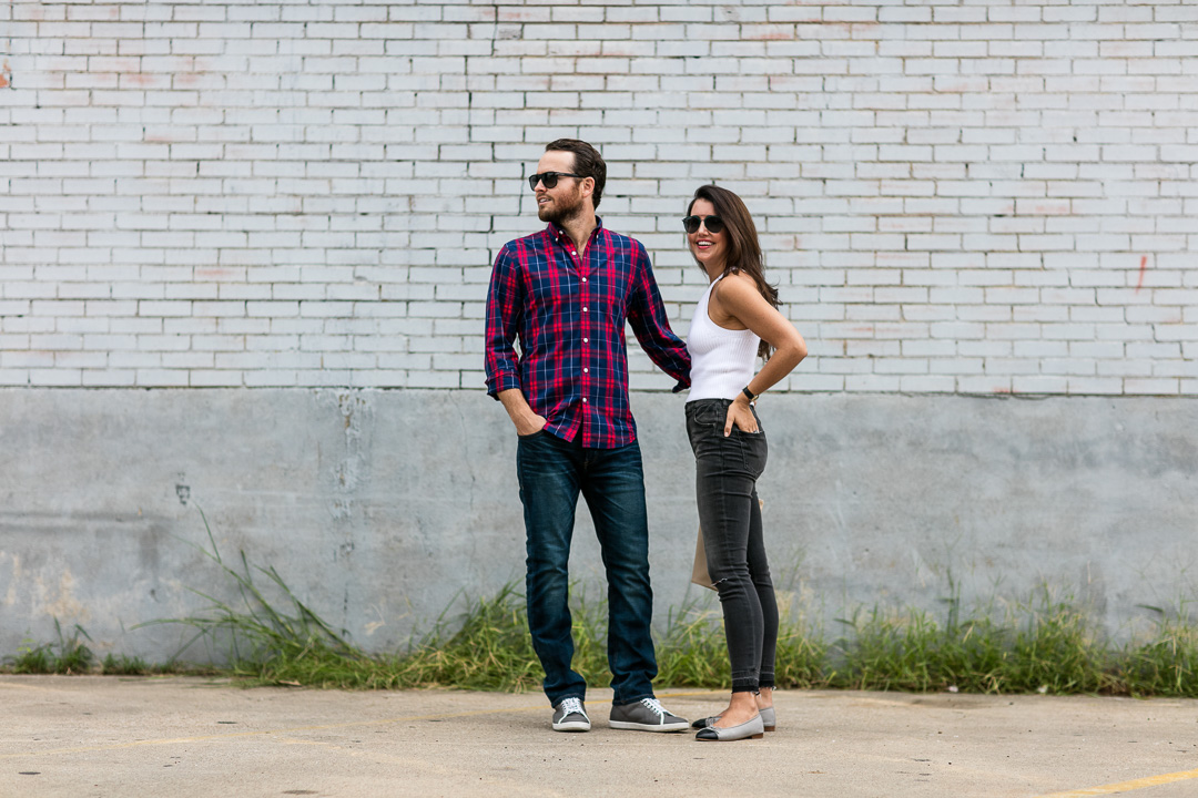 Amy Havins poses with her husband Wade Havins in Express denim.