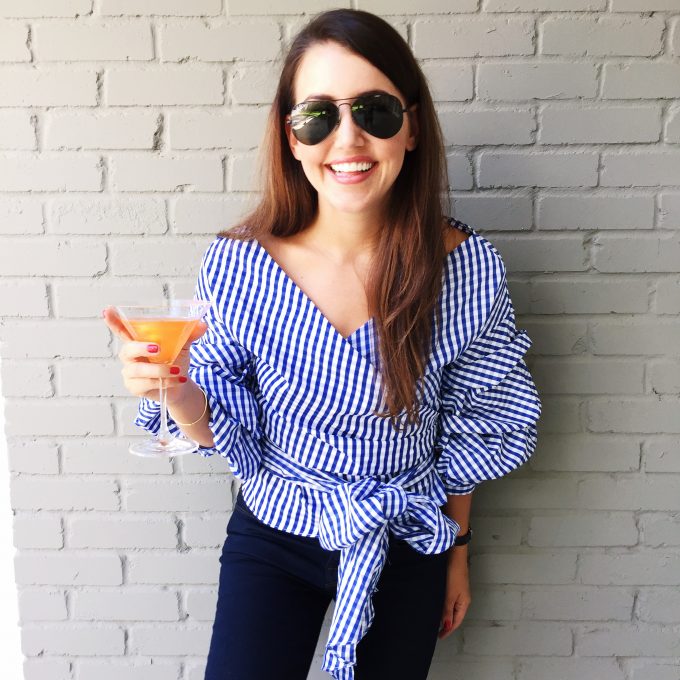 Amy Havins wears a blue and white gingham top by modern vintage.