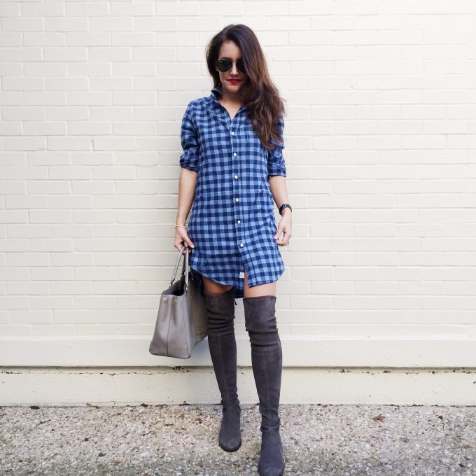 Amy Havins wears a Frank & Eileen shirt dress and stuart weitzman over the knee boots